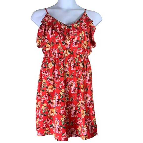 Mary Rose Size Large Dress Red Pink Floral Print Sleeveless Ruffle Neckline - Picture 1 of 4